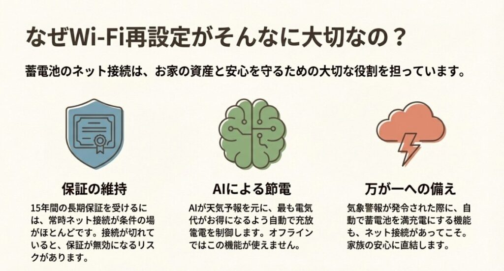 蓄電池をネット接続する理由（保証維持・AI節電・気象警報連携）の解説図