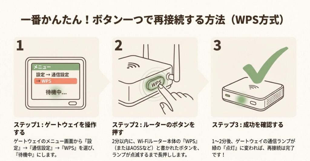 ゲートウェイの操作からルーターのWPSボタン長押しまでの接続の流れ