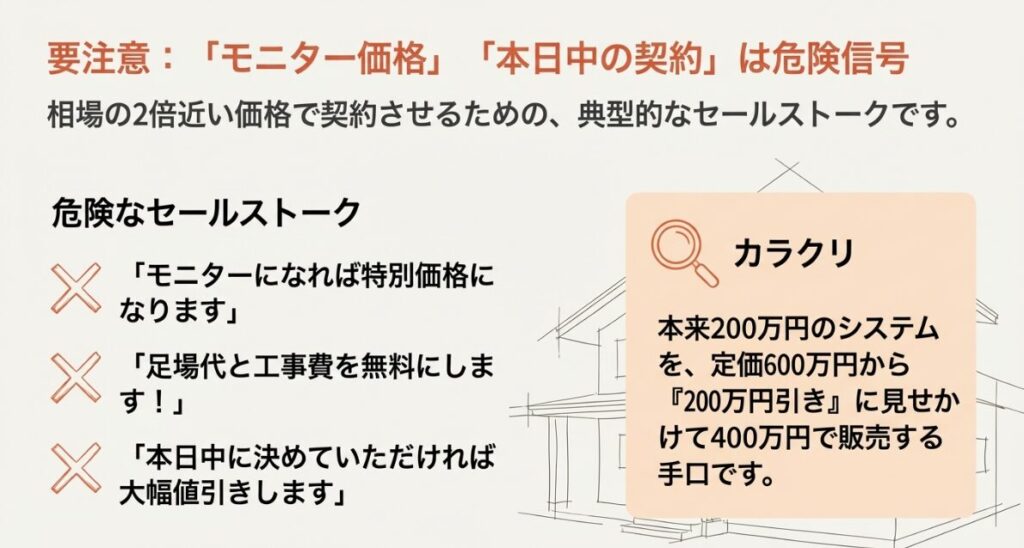 「モニター価格」「足場代無料」「本日中の契約で値引き」といった、相場より高く売るための危険な営業トーク一覧