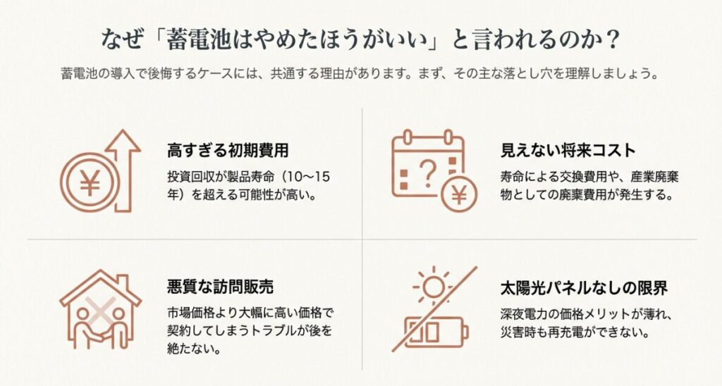 初期費用、将来コスト、訪問販売、太陽光パネルの有無といったリスクのまとめ