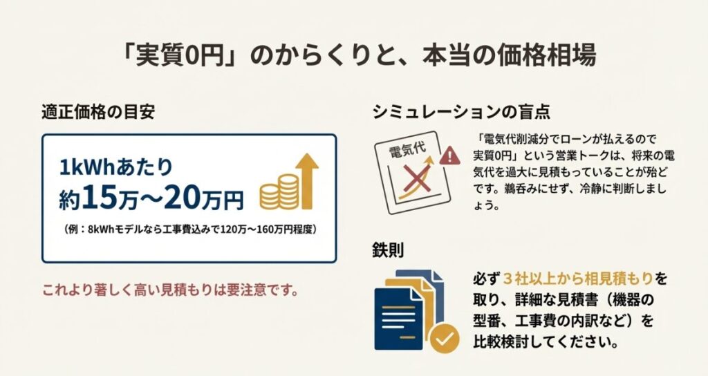 1kWhあたりの価格相場と、3社以上からの相見積もりが重要であることの解説。
