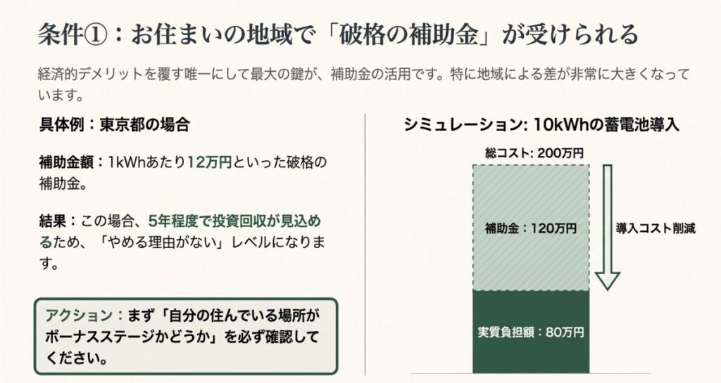 特定の3つの条件に当てはまる場合に、蓄電池を導入するメリットが大きくなることを示す導入図