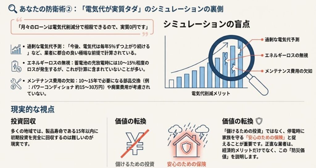 業者の過剰な電気代予測や部品交換費用などのメンテナンスコストが含まれていないことへの警告