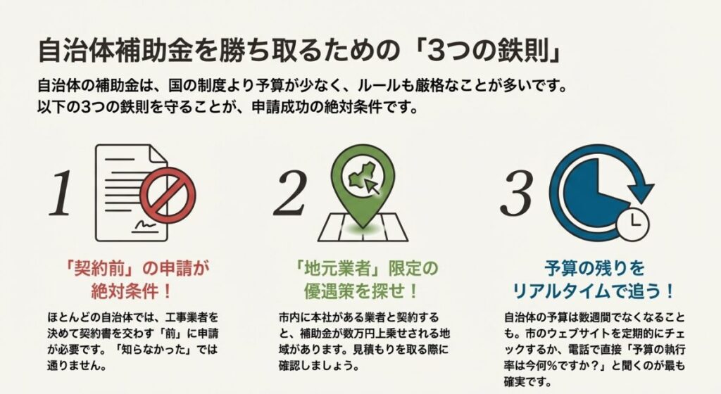 契約前の申請や地元業者の活用など自治体補助金を確実に受けるためのルール