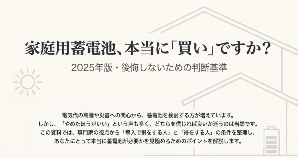 家庭用蓄電池を導入すべきか解説するスライド資料の表紙