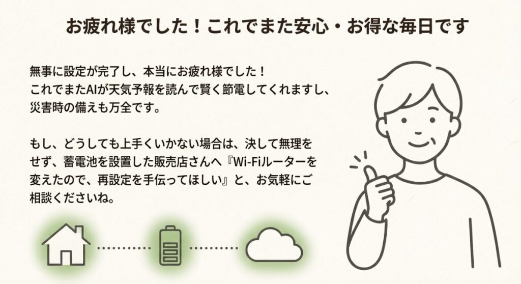 自力での設定が難しい場合に販売店へ相談することを推奨する案内
