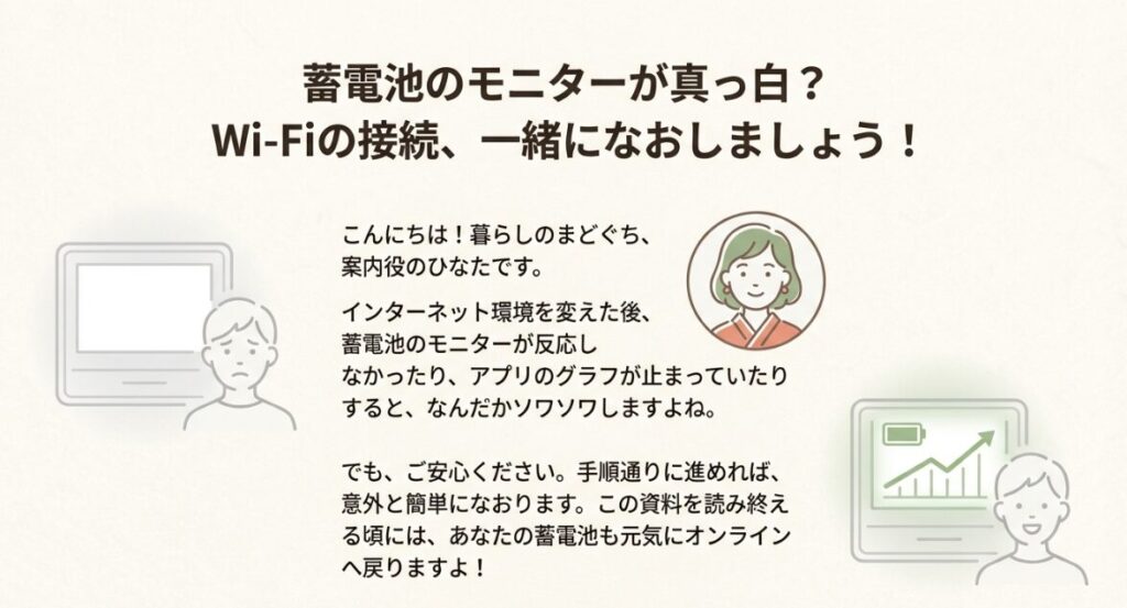 案内役のキャラクターによる蓄電池モニター再接続の案内図