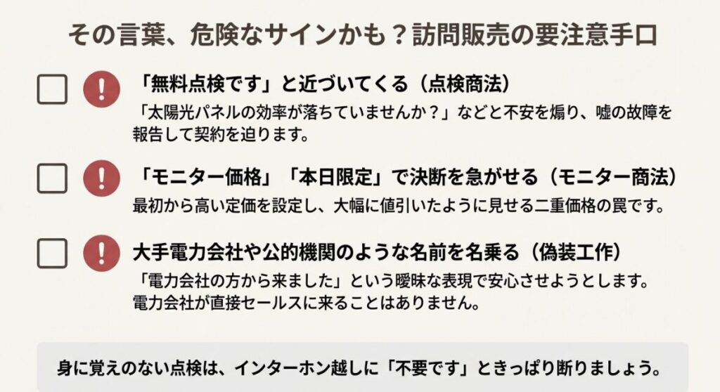 点検商法やモニター商法、電力会社を装う偽装工作など、注意すべき勧誘事例の紹介。