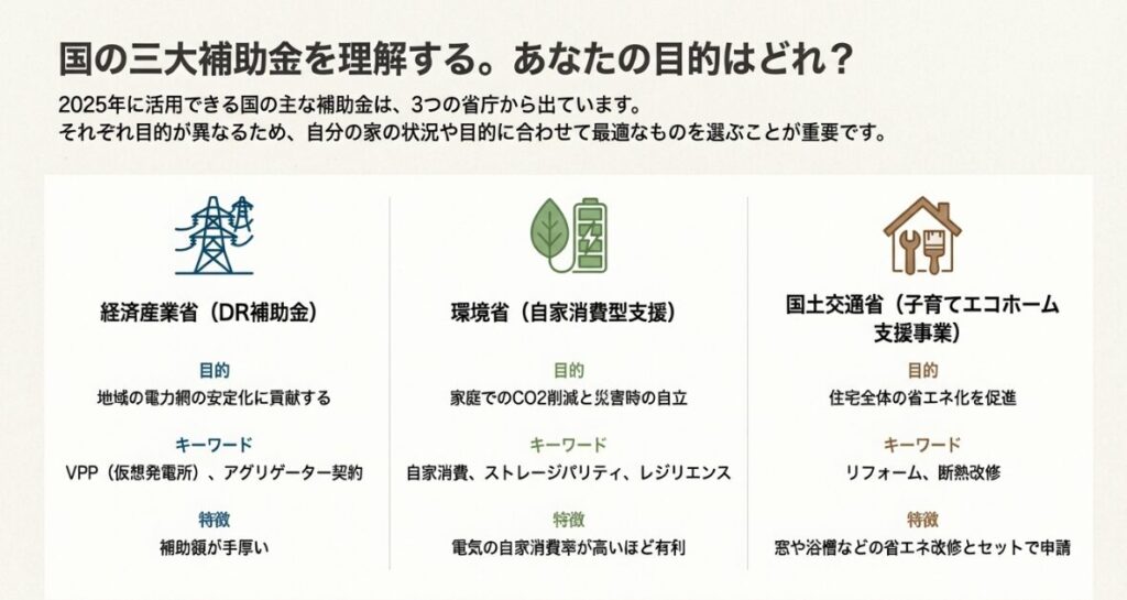 補助額重視の経産省と、自家消費による節約効果を重視する環境省の補助金比較