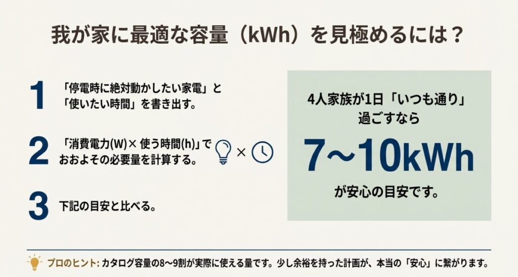 停電時に必要な電気量を計算する手順と、4人家族の目安容量(7〜10kWh)の紹介。