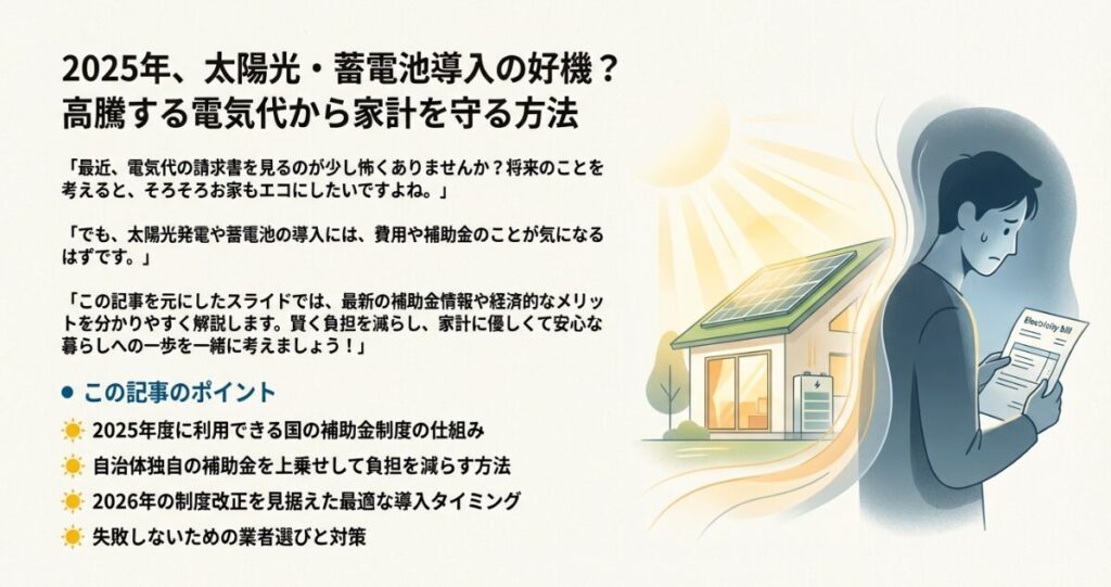 2025年度の太陽光発電と蓄電池導入に関する補助金制度のポイントをまとめた表紙