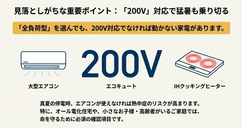 大型エアコンやIHクッキングヒーターを使用するために必要な200V対応蓄電池の解説。