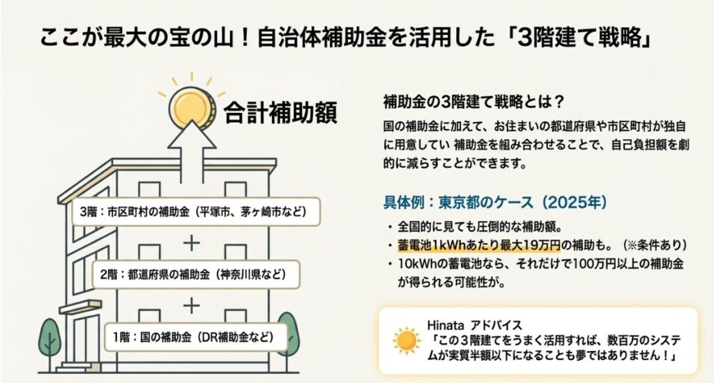 国、都道府県、市区町村の補助金を組み合わせて自己負担を減らす図解