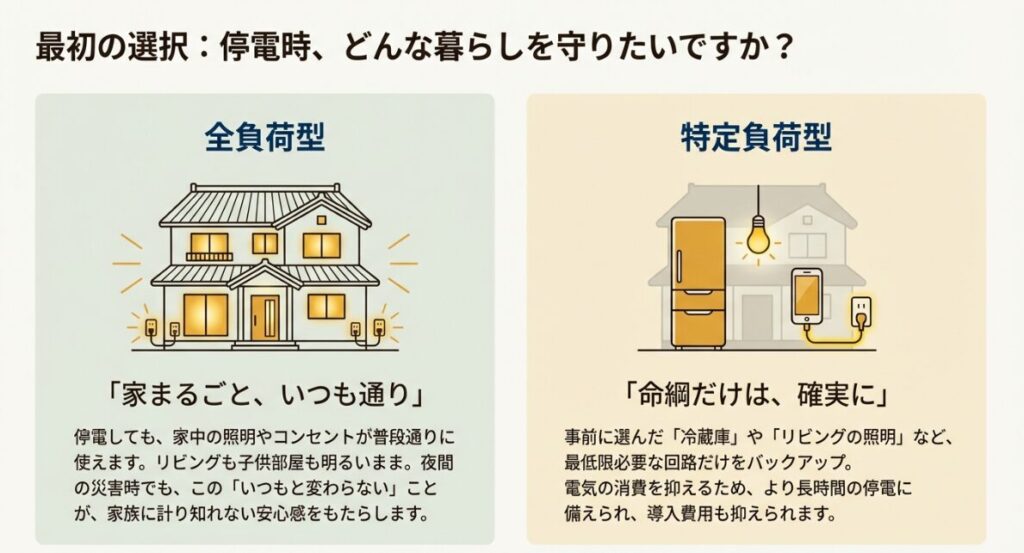 停電時に家全体をカバーする全負荷型と、特定の場所だけをカバーする特定負荷型の比較図。