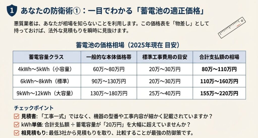 4kWhから12kWhまでの蓄電池本体価格と標準工事費用の合計支払額の目安一覧表