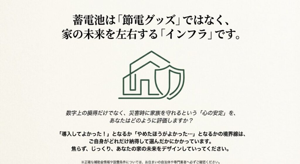 数字上の損得だけでなく、災害時に家族を守れるという心の安定も含めて納得して選ぶ大切さを伝えるメッセージ