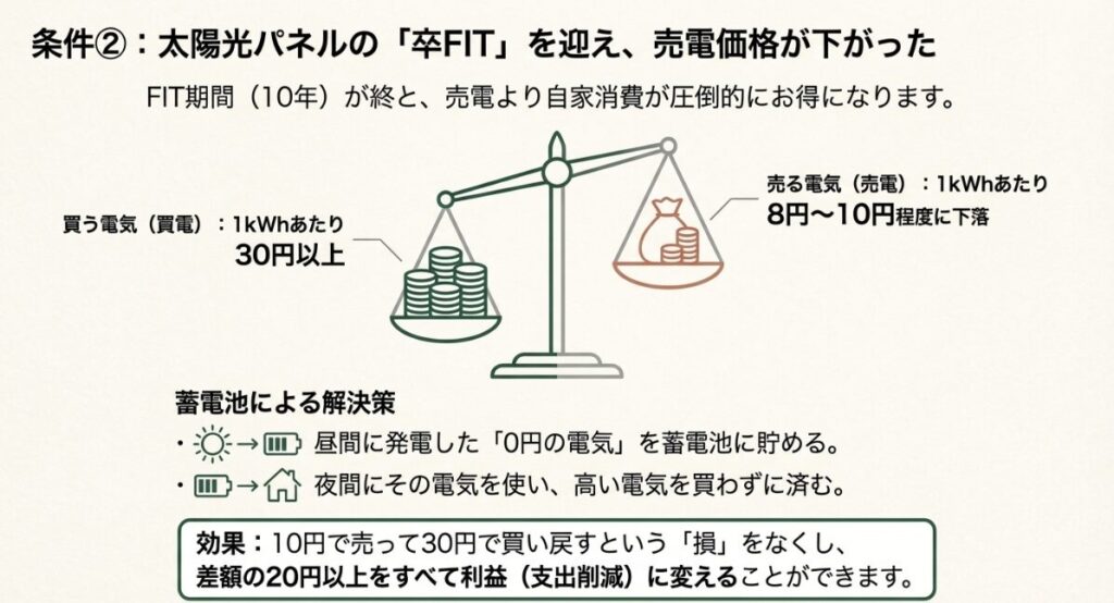 10kWhの蓄電池導入で120万円の補助金を受け、実質負担を80万円まで抑えることで5年程度での投資回収を目指す事例