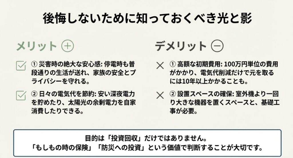 災害時の安心感などのメリットと、高額な費用や設置場所などのデメリットのまとめ。