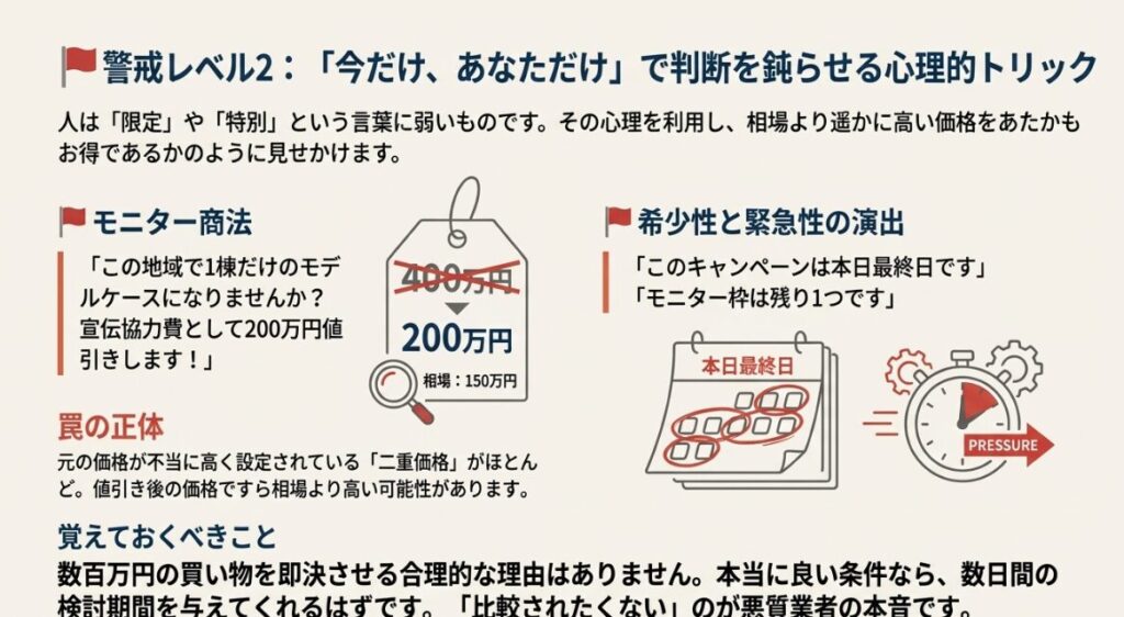 宣伝協力費による大幅値引きを装い、相場より高い価格で契約させる二重価格の仕組み