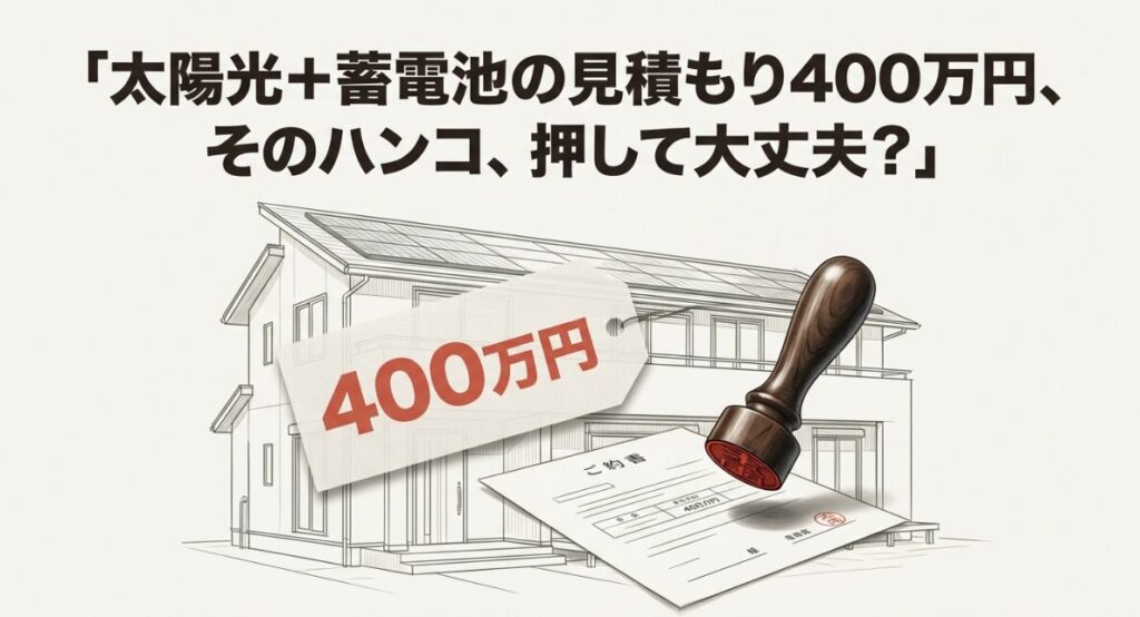 太陽光発電と蓄電池の見積もりが400万円と提示され、ハンコを押して良いか迷っているイメージ図