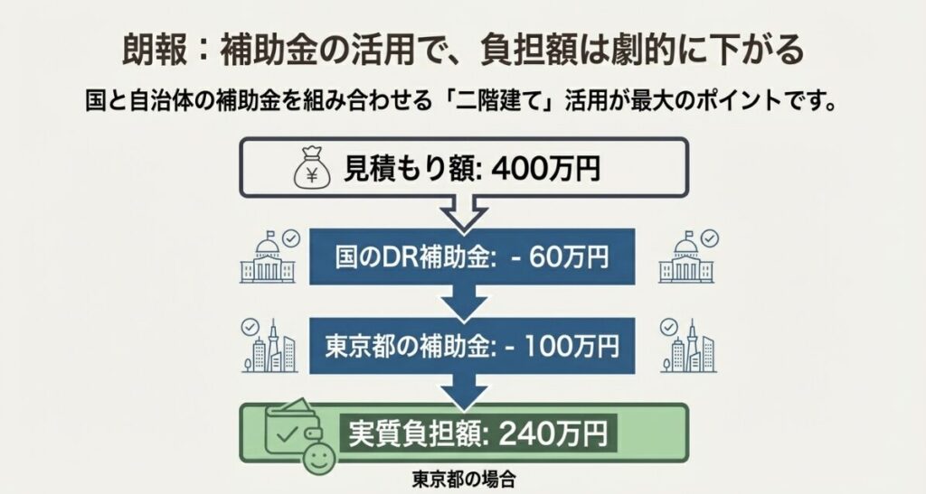 国のDR補助金と東京都の補助金を併用し、400万円の見積もりを実質240万円まで下げる費用の内訳図