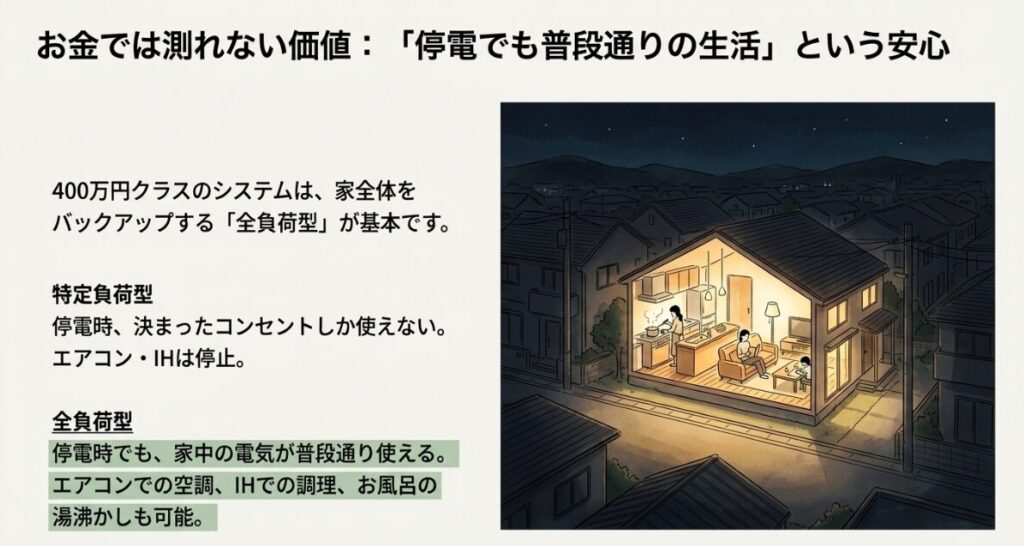 停電時でもエアコンやIH調理器など家中の電化製品が普段通り使える「全負荷型」蓄電池のメリットを描いたイラスト
