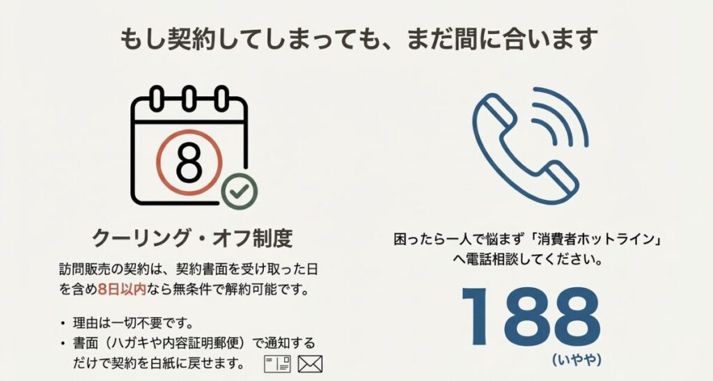 契約書面受領から8日以内なら無条件解約できるクーリング・オフ制度の説明と消費者ホットライン188番の案内
