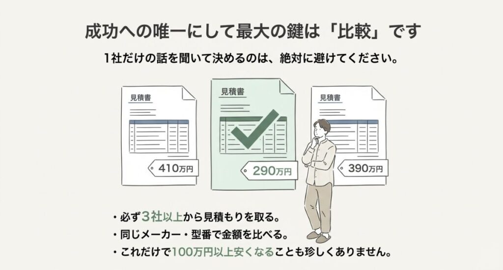 同じメーカー・型番でも業者によって価格が異なるため、必ず複数社比較して適正価格を見極める重要性のイラスト
