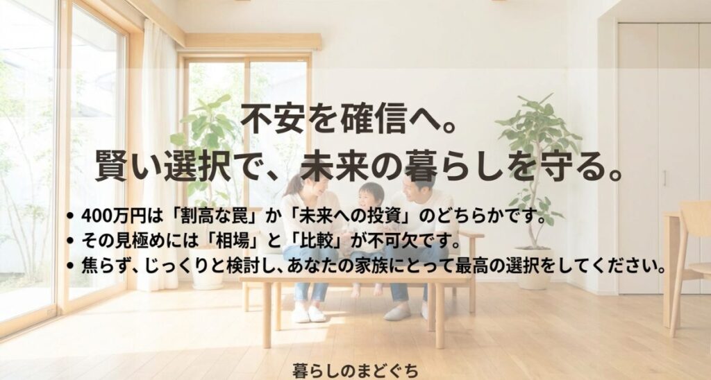 400万円の見積もりは「罠」か「投資」かを見極め、相場を知り比較検討することで、家族の未来を守る賢い選択ができるというまとめ