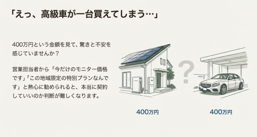 400万円という高級車並みの金額に驚き、契約を迫る営業トークに不安を感じている様子