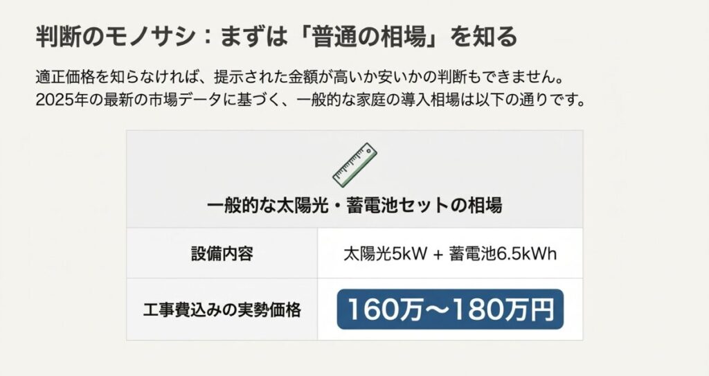 太陽光5kWと蓄電池6.5kWhの工事費込み実勢価格は160万~180万円程度であるという相場データ