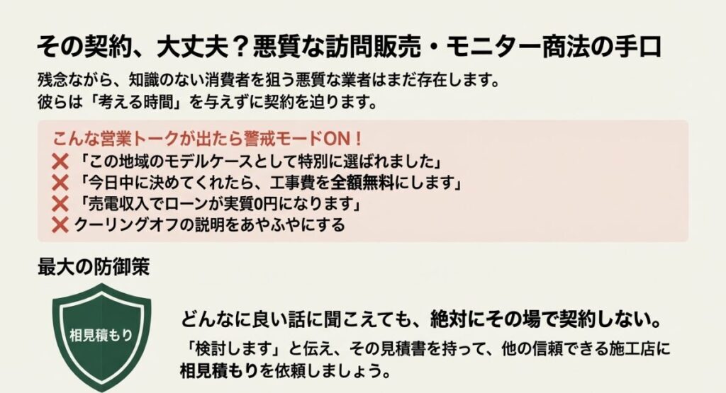 モニター商法や即決を迫る営業トークへの警戒と、相見積もりの重要性