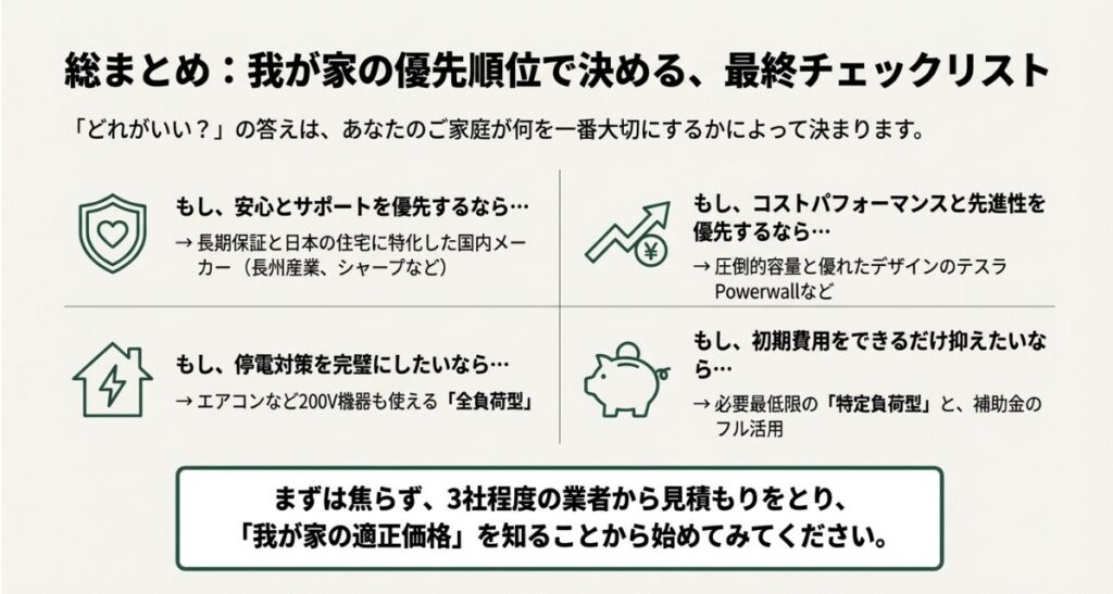 安心重視、停電対策、コスパなど、家庭の優先順位に合わせて選ぶための最終確認リスト