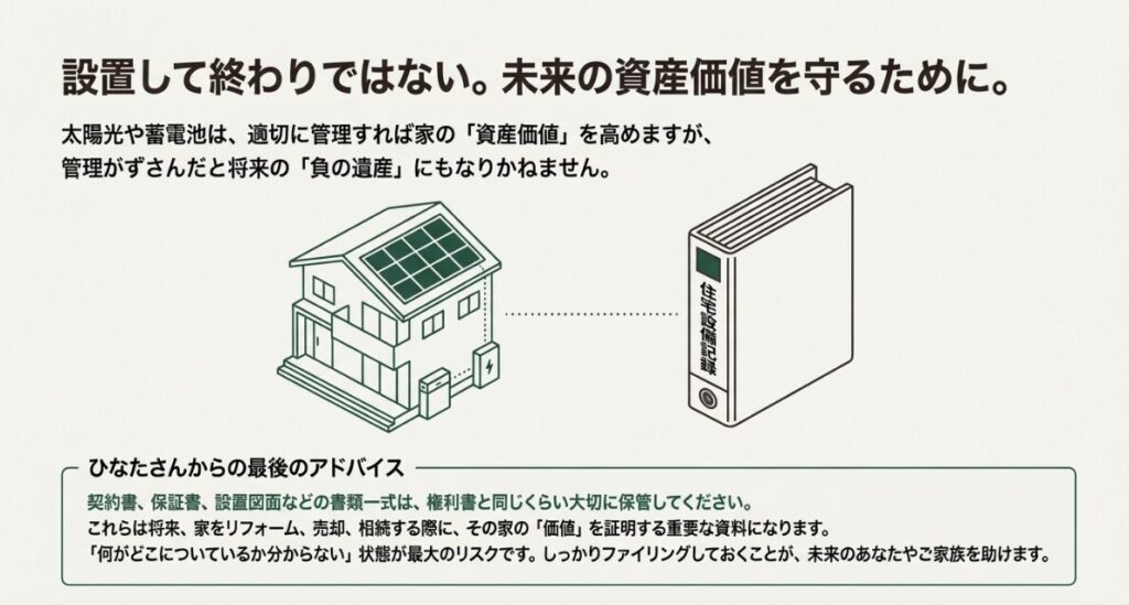 将来の資産価値を守るために契約書や保証書を保管することの重要性を説くアドバイス