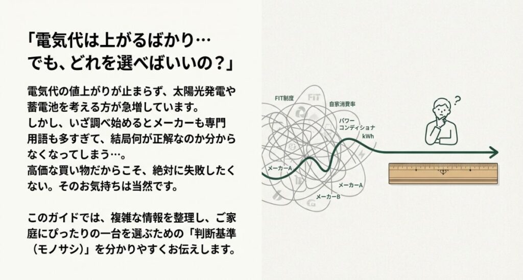 専門用語やメーカーが多すぎて何が正解かわからない太陽光・蓄電池選びの現状を表したイメージ図