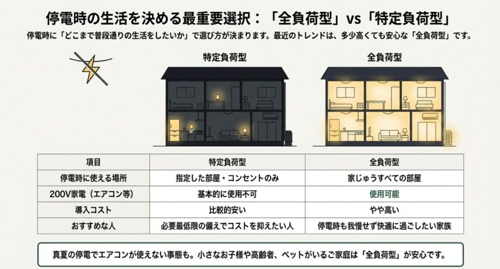停電時に家中で電気が使える全負荷型と、指定した部屋のみ使える特定負荷型の違いを比較したイラストと表