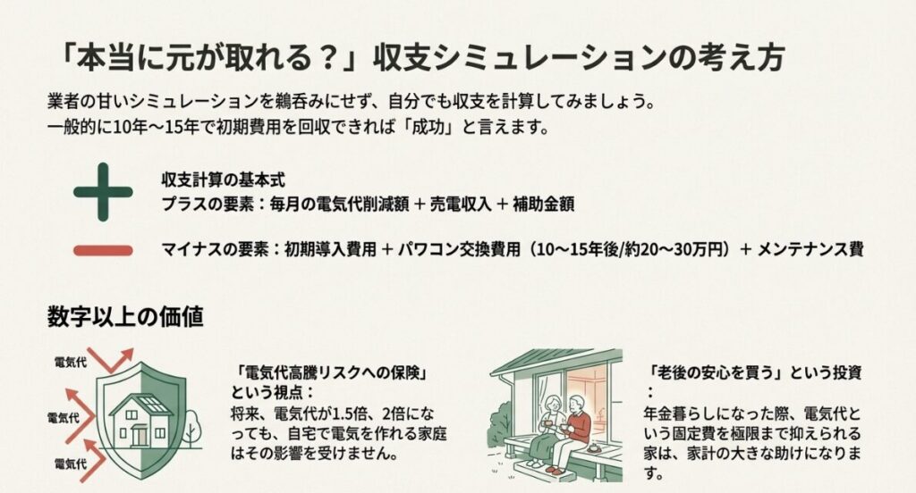 電気代削減額や売電収入などのプラス要素と導入費用のマイナス要素で考える収支計算式と、電気代高騰リスクへの対策